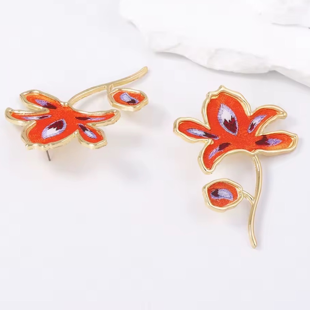 Unique Floral Gold and Orange Statement Earrings - Picture 6 of 6